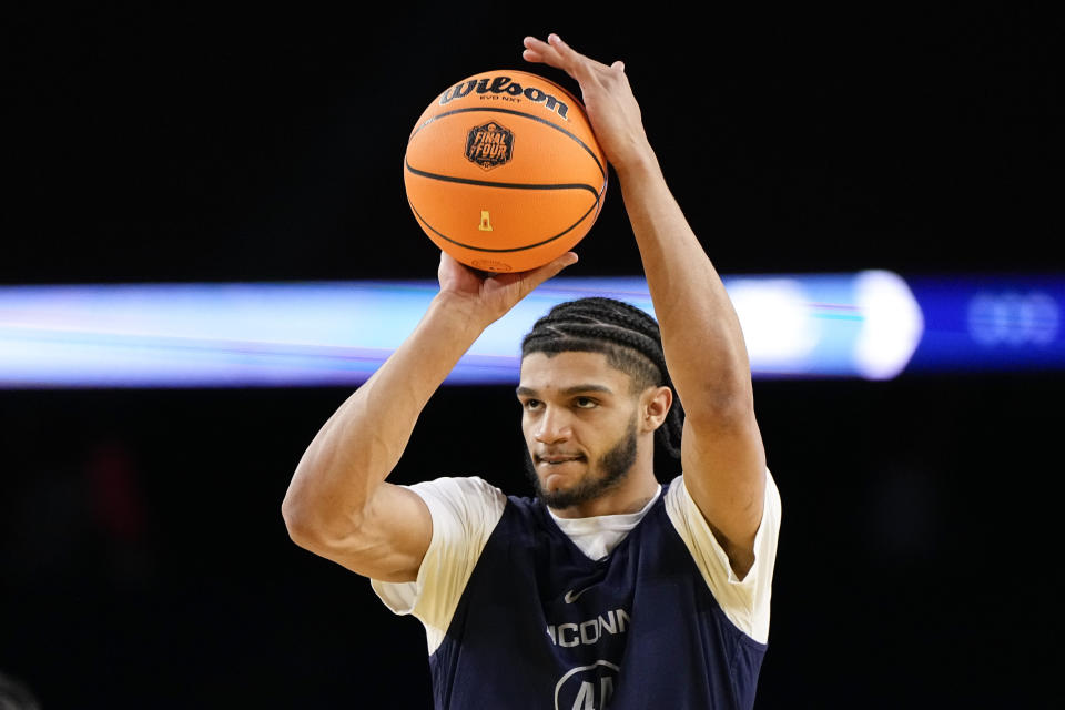 Connecticut guard Andre Jackson Jr. practices for their Final Four college basketball game in the NCAA Tournament on Friday, March 31, 2023, in Houston. Connecticut and Miami play on Saturday. (AP Photo/David J. Phillip)