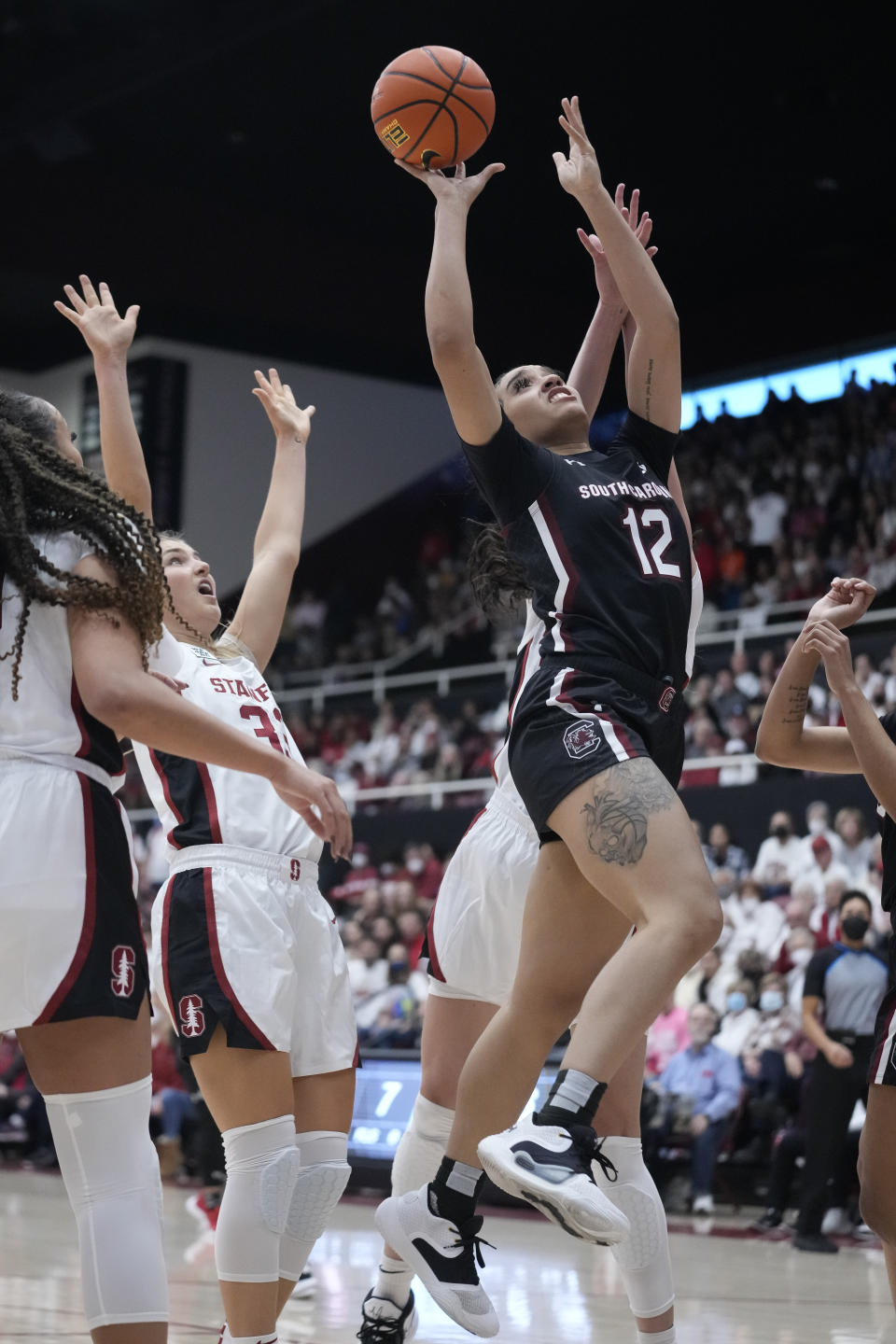 South Carolina guard Brea Beal (12) shoots the ball against Stanford during the first half of an NCAA college basketball game in Stanford, Calif., Sunday, Nov. 20, 2022. (AP Photo/Godofredo A. Vásquez)