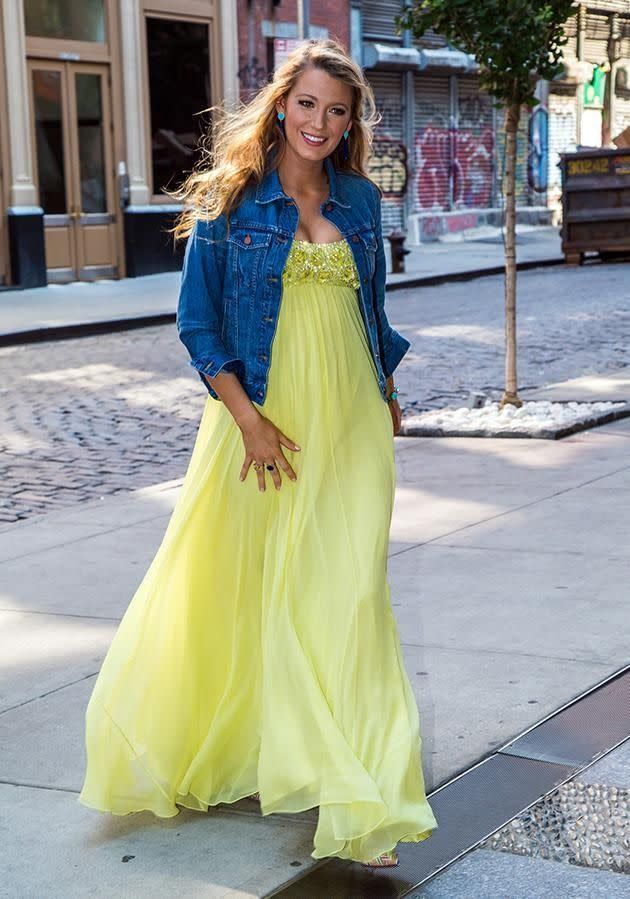 Blake Lively in a Jenny Packham dress and Madewell jacket. Photo: Getty Images.