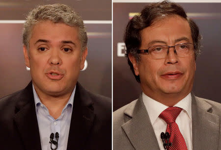 A combination picture shows Colombian presidential candidate Ivan Duque and Colombian presidential candidate Gustavo Petro take part in a presidential debate at El Tiempo newspaper in Bogota, Colombia, May 24, 2018. Picture taken May 24, 2018. REUTERS/Henry Romero