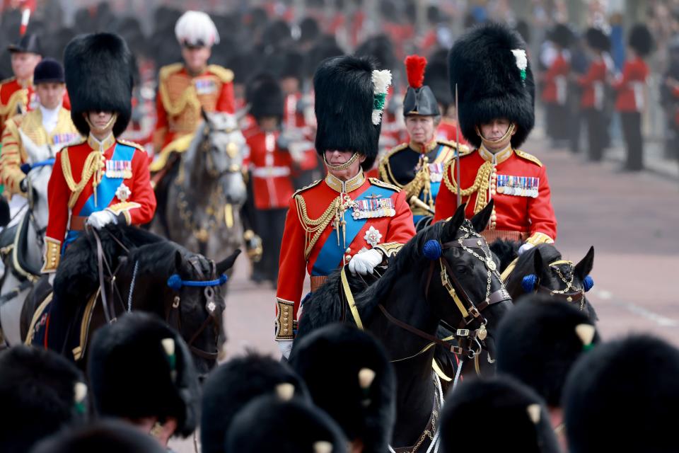  Prince William, Prince Edward, King Charles III, and Princess Anne ride through London on horseback. (Photo: Chris Jackson/Getty Images)