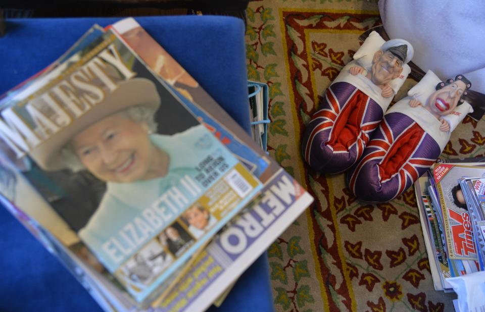 A pair of slippers depicting Britain's Queen Elizabeth and Prince Philip are seen at the house of Margaret Tyler in west London