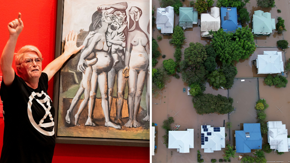 Right - Daisy Nutty with her hand glued to a Picasso at the NGV. Right - an aerial view of flooded Lismore