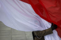 A Polish soldier grabs a flag prior to the ceremony marking Army Day in Warsaw, Poland, Monday, Aug. 15, 2022. The Polish president and other officials marked their nation's Armed Forces Day holiday Monday alongside the U.S. army commander in Europe and regular American troops, a symbolic underlining of NATO support for members on the eastern front as Russia wages war nearby in Ukraine. (AP Photo/Michal Dyjuk)