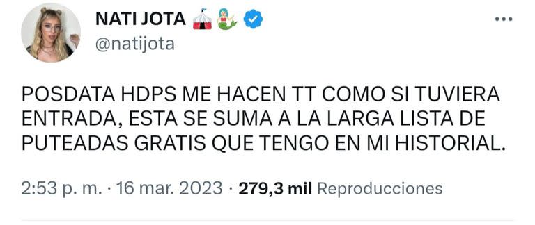 Nati jota respondió a todas las acusaciones en su cuenta de Twitter