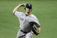 New York Yankees' Gerrit Cole pitches to the Tampa Bay Rays during the first inning of the first game of a baseball doubleheader game Saturday, Aug. 8, 2020, in St. Petersburg, Fla. (AP Photo/Chris O'Meara)