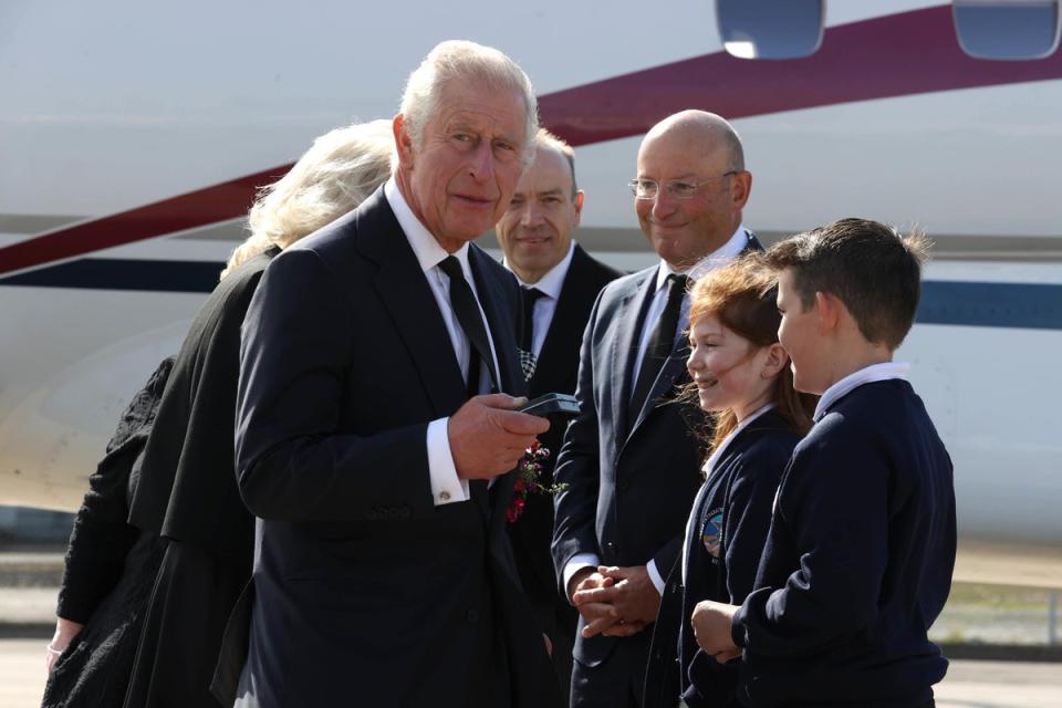 King Charles III and the Queen Consort arrive at Belfast City Airport as the King continues his tour of the four home nations in Northern Ireland. Picture date: Tuesday September 13, 2022. (PA Wire)