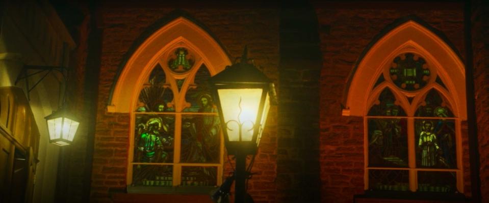 Stained glass windows at a church in "What We Do in the Shadows"