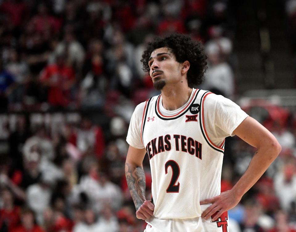 Texas Tech's guard Pop Isaacs (2) pauses during the Big 12 basketball game against Cincinnati, Saturday, Feb. 3, 2024, at United Supermarkets Arena.