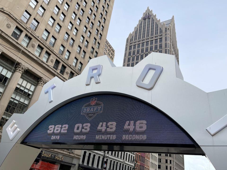 It's less than a year until the 2024 NFL draft will be held in Detroit (April 25-27, 2024), as the countdown clock at Campus Martius on Woodward Ave. (looking south toward the Detroit River) showed on Saturday, April 29, 2023.