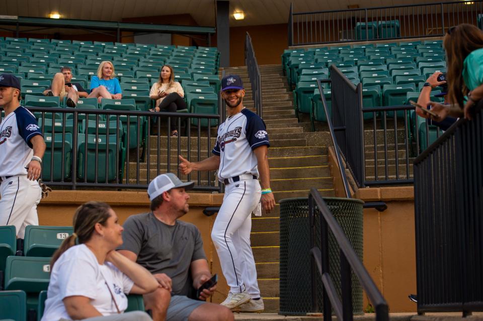 Infielder Brandon Valdez flashes a thumbs up to the camera  during the Jackson Rockabillys' "Greet the Goats" event inside The Ballpark in Jackson on Tuesday, May 30, 2023. 