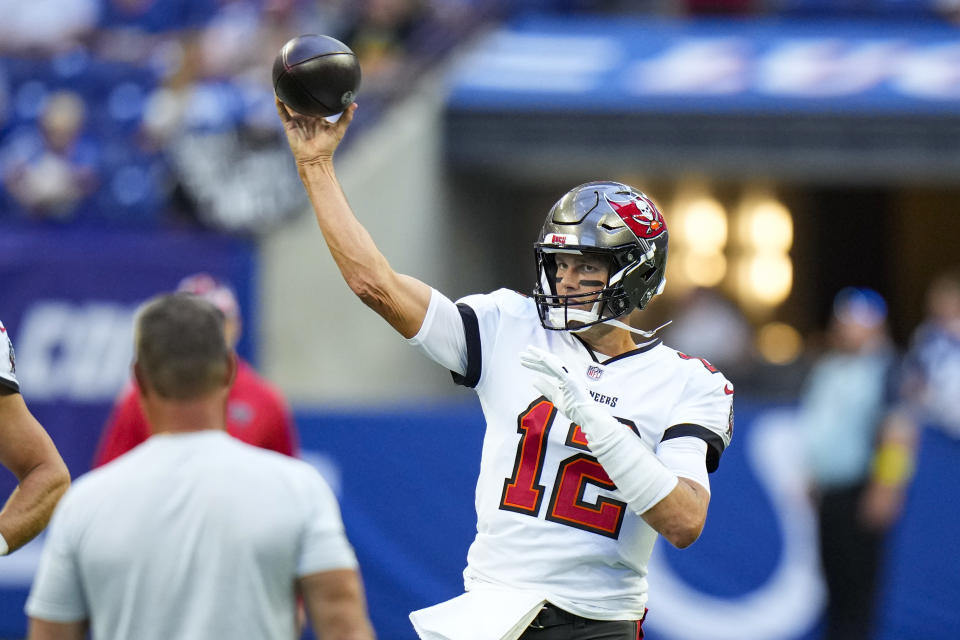 Tampa Bay Buccaneers quarterback Tom Brady (12) throws before an NFL preseason preseason football game against the Indianapolis Colts in Indianapolis, Saturday, Aug. 27, 2022. (AP Photo/AJ Mast)