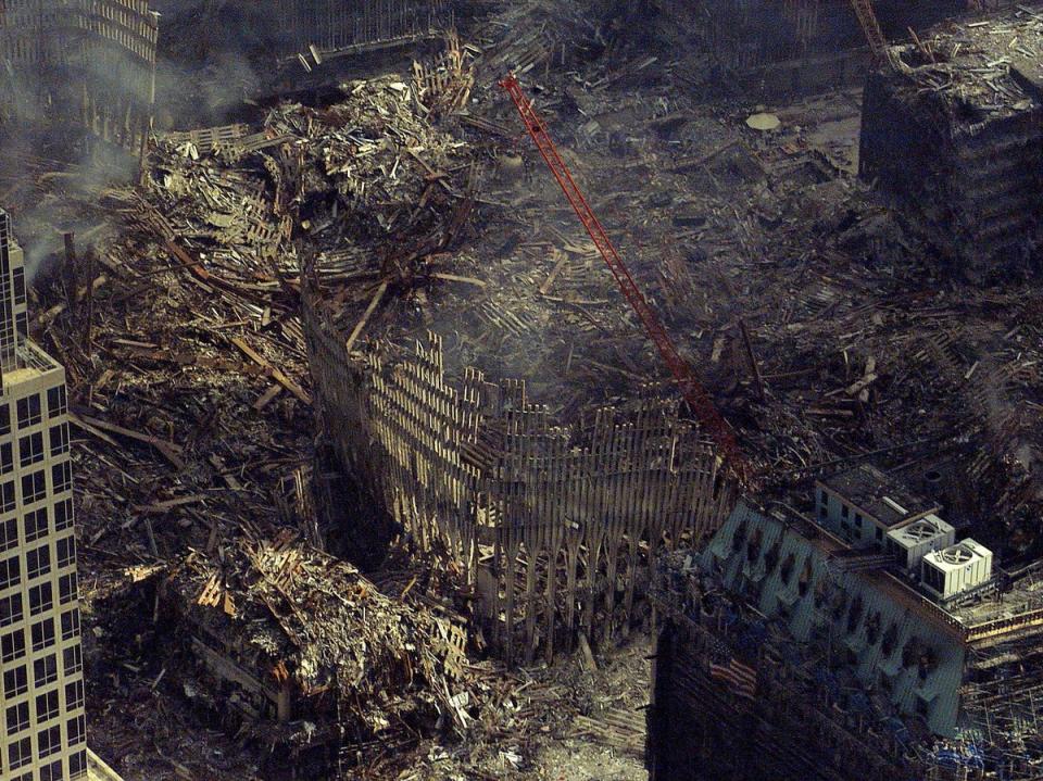 An aerial view of the remains of the World Trade Centre, more than two weeks after the attacks (US Coast Guard via Reuters)