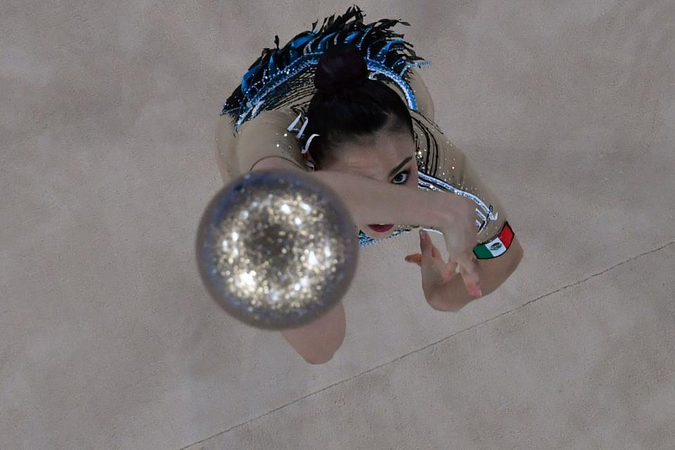 TOPSHOT - Mexico's Rut Castillo Galindo competes in the individual all-around qualification of the Rhythmic Gymnastics event during Tokyo 2020 Olympic Games at Ariake Gymnastics centre in Tokyo, on August 6, 2021. (Photo by Antonin THUILLIER / AFP) (Photo by ANTONIN THUILLIER/AFP via Getty Images)