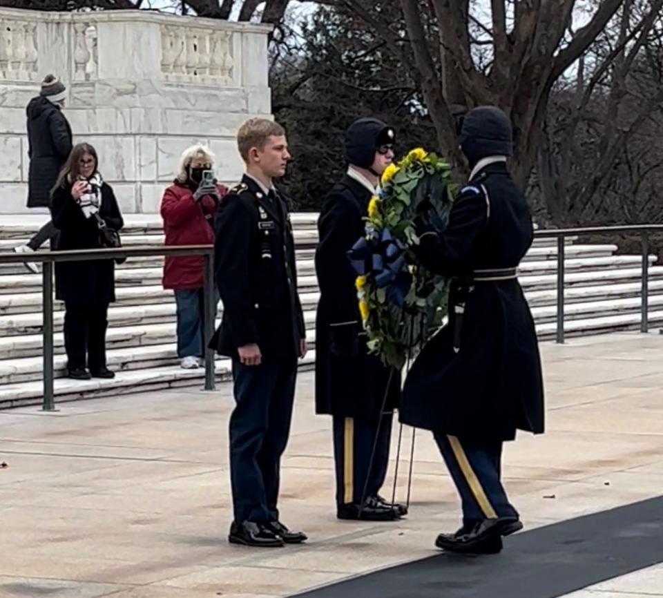 Sarasota Military Academy Cadet Tim Swanson was chosen to participate in a ceremonial wreath laying at the Tomb of the Unknown Soldier on Jan. 4 at Arlington National Cemetery in Virginia. Swanson, 15, a sophomore, also received the opportunity to spend time with the Sentinels of the Tomb – members of the 3rd U.S. Army Infantry Regiment (“The Old Guard”) who stand watch 24 hours a day, 365 days a year. The Tomb of the Unknown Soldier is dedicated to U.S. service members whose remains have not been identified.