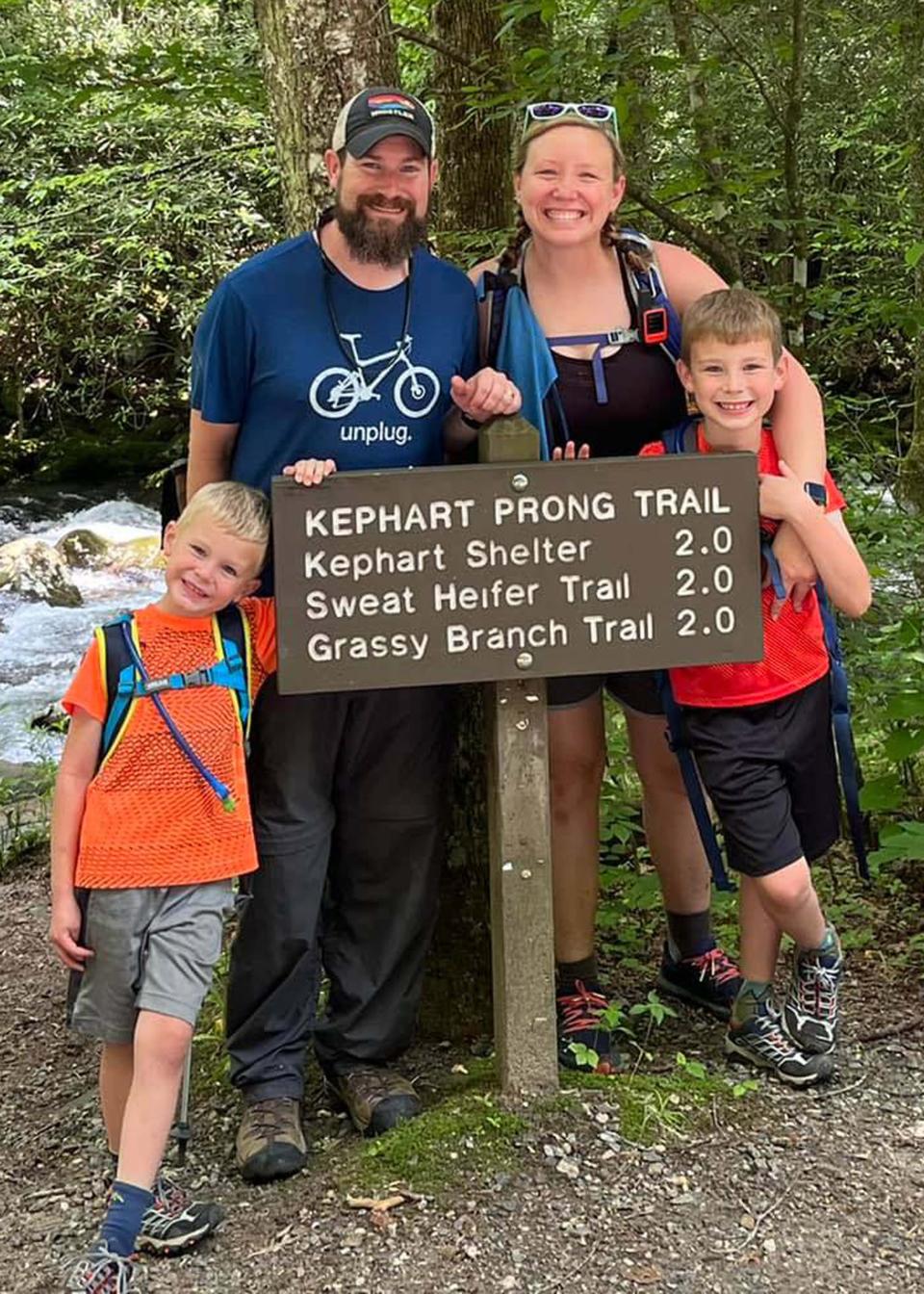 Ashley Walker with family at Kephart Prong Trail in the Great Smoky Mountains National Park, May 2022. From left: son Mark, husband Jonathan, and son Luke.