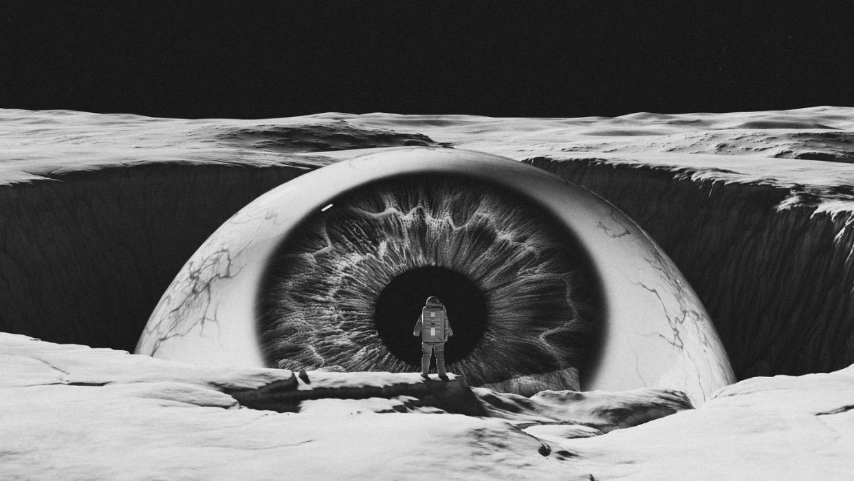 black an white moonscape with giant eyeball astronaut spaceman spacewoman interstellar sci fi film grain