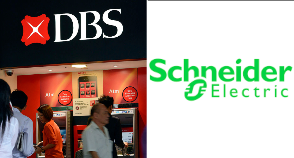 DBS logo on the left with Schneider Electric logo on the right, illustrating a story on this year's LinkedIn Top Companies list.