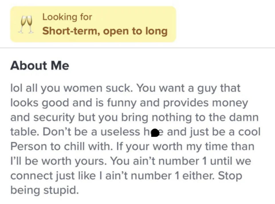 Another misogynistic About Me section, this one says "All you women suck, you want a guy that looks good and is funny and provides money and security but you bring nothing to the damn table"