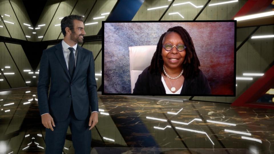 Nyle DiMarco, the show's host, speaks with actor Whoopi Goldberg during the 2020 Media Access Awards.