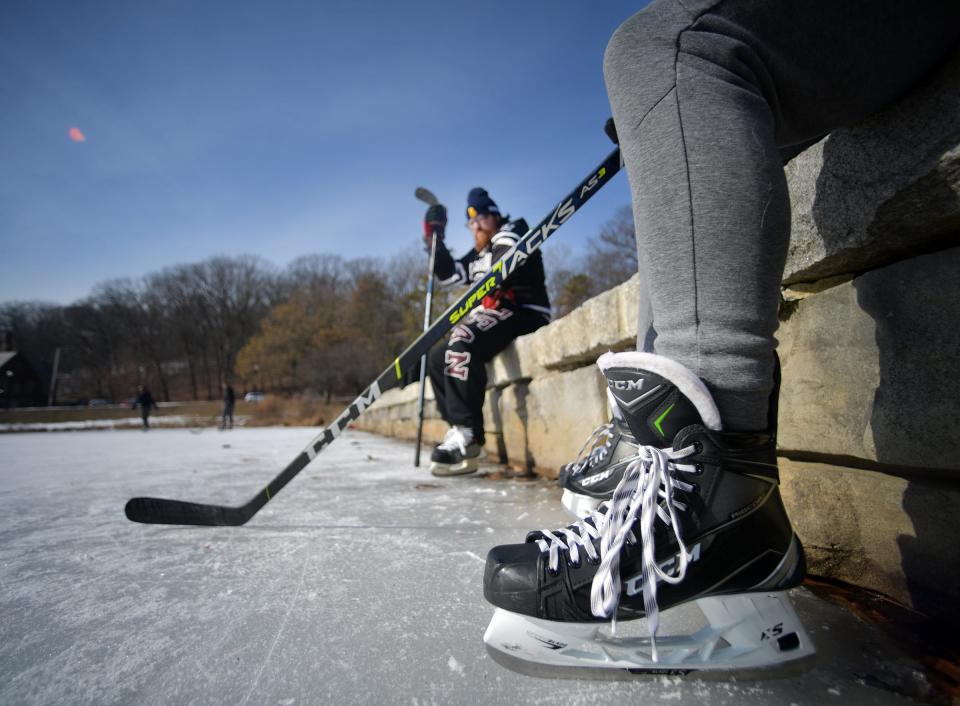 Pond hockey at Elm Park Sunday.