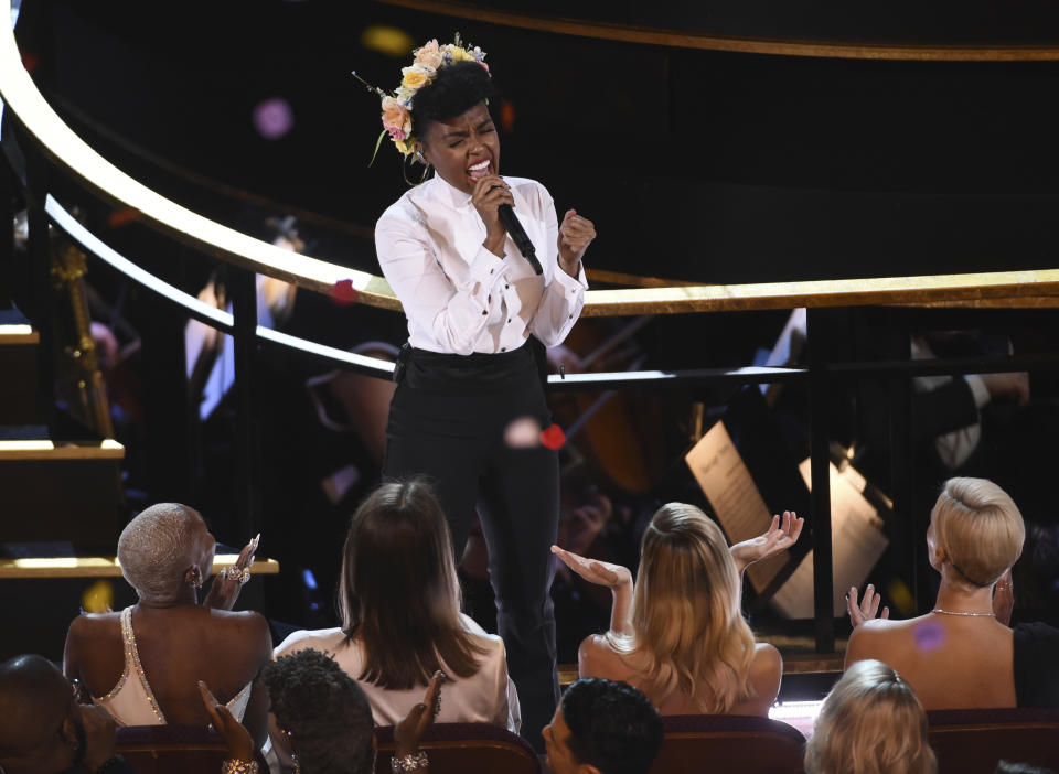 Janelle Monae performs onstage at the Oscars on Sunday, Feb. 9, 2020, at the Dolby Theatre in Los Angeles. (AP Photo/Chris Pizzello)