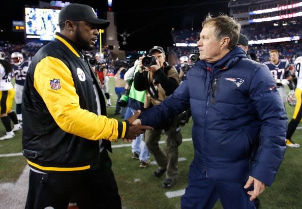 FOXBORO, MA - NOVEMBER 3: Bill Belichick of the New England Patriots shakes hands with Mike Tomlin of the Pittsburgh Steelers after their game at Gillette Stadium on November 3, 2013 in Foxboro, Massachusetts. (Photo by Jim Rogash/Getty Images)