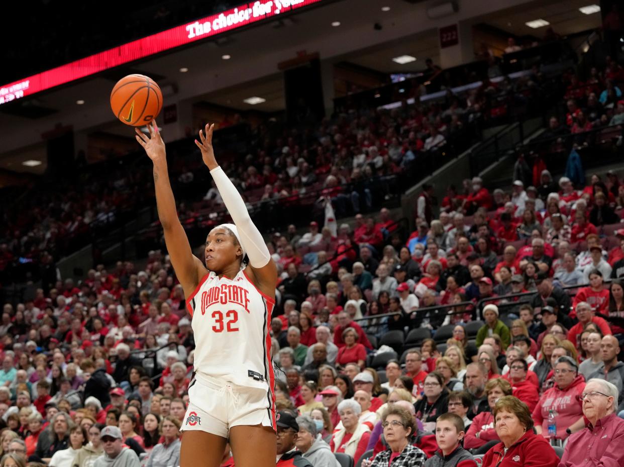 Feb. 25, 2024; Columbus, Ohio, USA; 
Ohio State Buckeyes forward Cotie McMahon (32) attempts a three-point shot during the third quarter of an NCAA Division I basketball game against the Maryland Terrapins at Value City Arena on Sunday. Ohio State won the game 79-66.