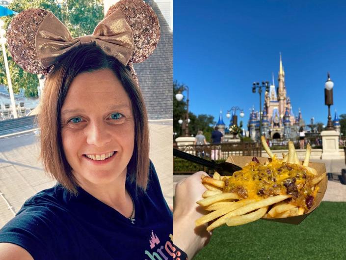 kari posing in minnie ears next to a photo of a hand holding a plate of chili cheese fries in front of the castle at disney world