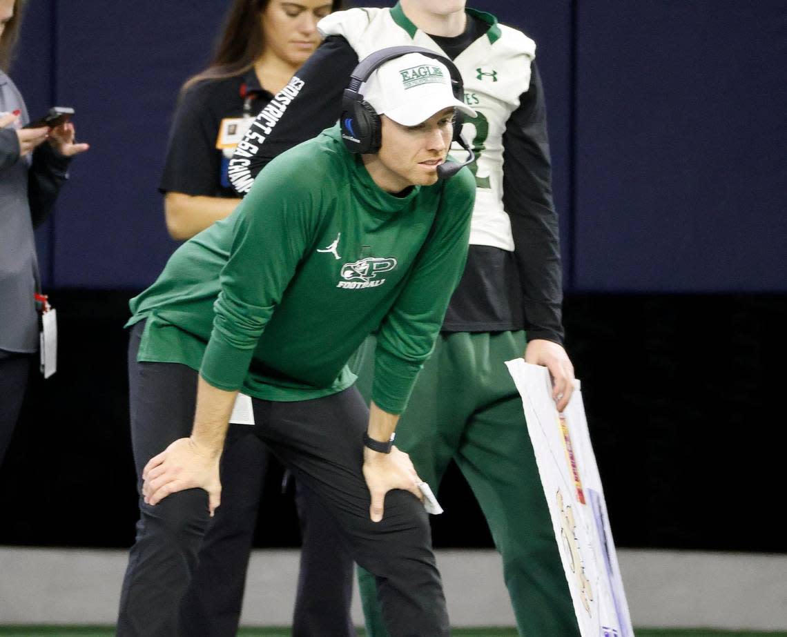 Prosper head coach Tyler Moore watches the last possession for his offense in the second half of a UIL Class 6A Division 1 football regional-round playoff game at The Ford Center in Frisco, Texas, Saturday, Oct. 25, 2023.