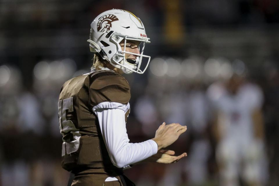 Roger Bacon quarterback Logan Huber (15) during the second half against Preble Shawnee at Lakota West High School, Nov. 13, 2021.