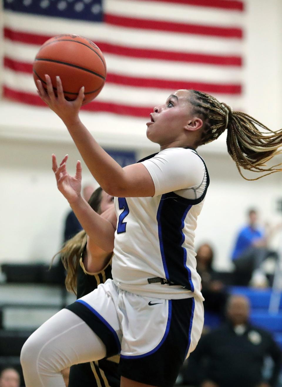 CVCA’s Joi Williams looks to the basket for two during the first half of a high school basketball game against Hathaway Brown, Wednesday, Jan. 24, 2024, in Cuyahoga Falls, Ohio.