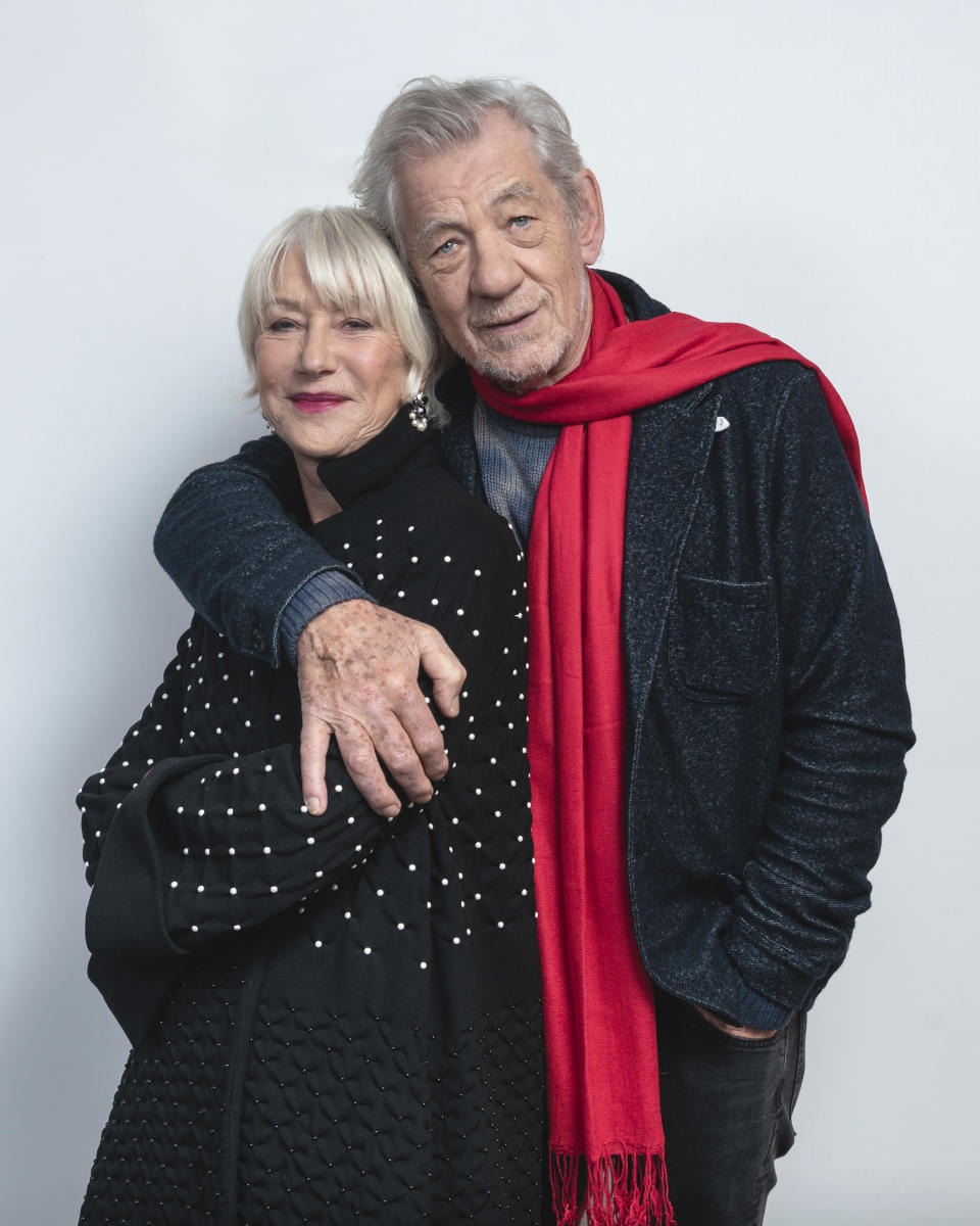 This Nov. 3, 2019 photo shows actors Helen Mirren, left, and Ian McKellan pose for a portrait to promote their film "The Good Liar" in New York. (Photo by Christopher Smith/Invision/AP)