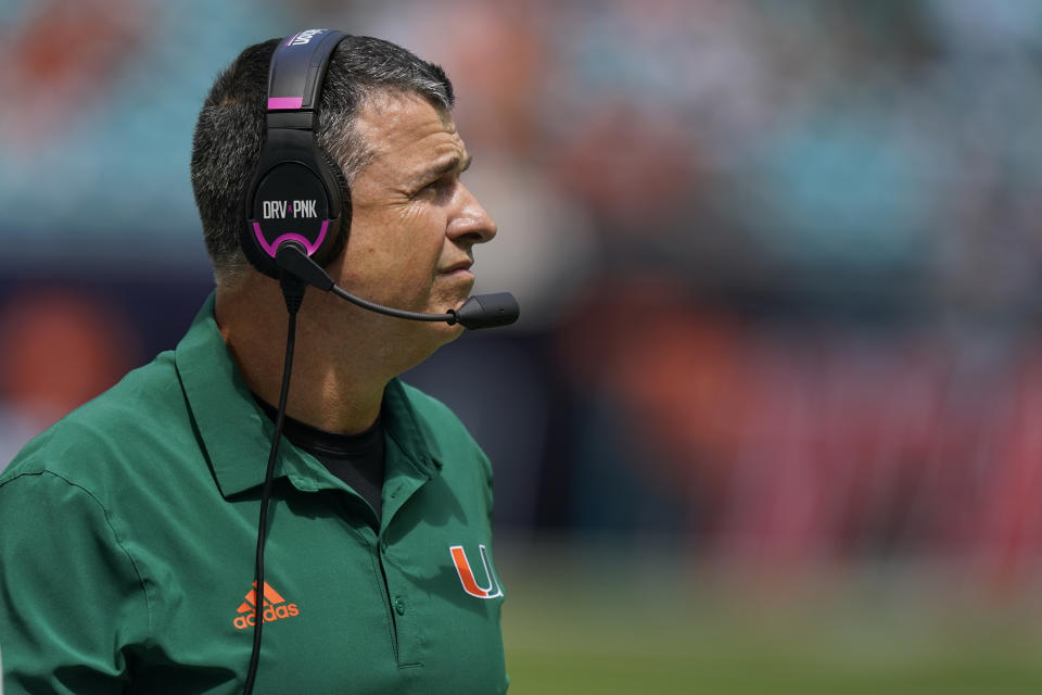 Miami head coach Mario Cristobal watches during the first half of an NCAA college football game against Southern Miss, Saturday, Sept. 10, 2022, in Miami Gardens, Fla. (AP Photo/Wilfredo Lee)