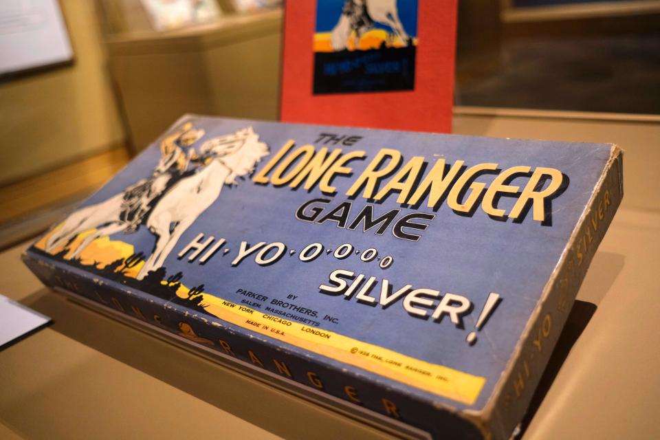 A Lone Ranger-theme game is displayed in the National Cowboy & Western Heritage Museum exhibit "Playing Cowboy" Friday, March 24, 2023, in Oklahoma City. Featuring Western books, costumes and toys for children, "Playing Cowboy" is on view through May 7 at the OKC museum.