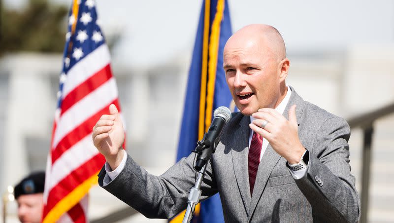 Utah Gov. Spencer Cox speaks during a Memorial Day commemoration at the Capitol in Salt Lake City on Monday, May 29, 2023.