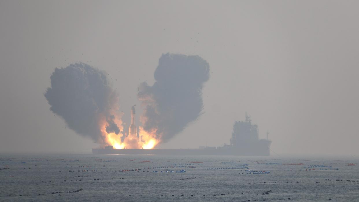  The Gravity-1 launch vehicle, the world's largest solid launch vehicle by capacity, launches from a ship in the Yellow Sea near Haiyang, in Yantai, Shandong Province, China, on Jan. 11, 2024. 