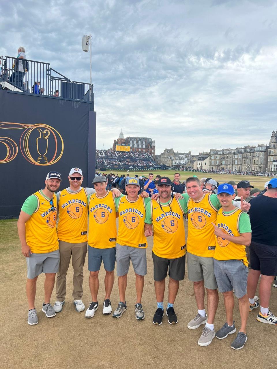 Seven friends who met at Concordia University in Minnesota bet big on the Golden State Warriors to win the NBA championship, and it bankrolled their trip to The Open in Scotland, where they wore matching Kevon Looney jerseys. From left: Tom Lybeck, Mike Dokken, Dan Ryan, Nate Ohme, Clarence Hunt , Andrew Beliveau and Mitch Moore.