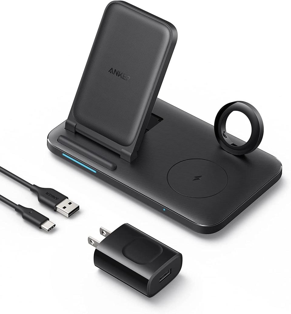 The Anker Foldable 3-in-1 Wireless Charging Station with Adapter can simultaneously juice up a smartphone, wireless earbuds, and smartwatch.