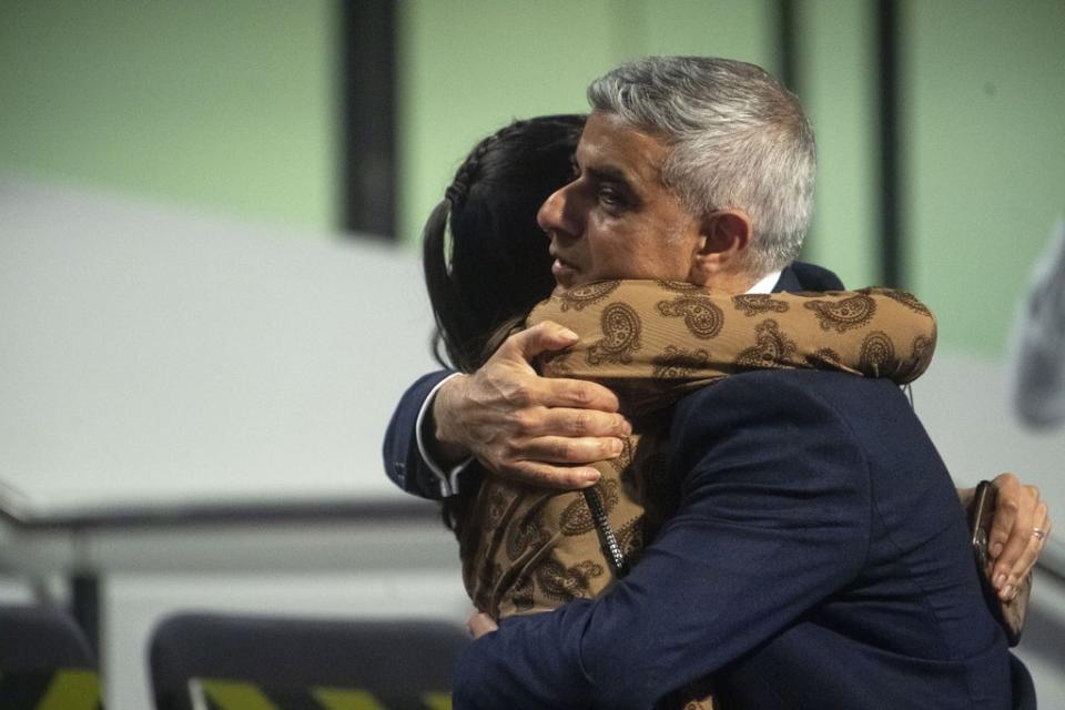 Labour’s Sadiq Khan is hugged by one of his daughters after he was re-elected as Mayor of London (Victoria Jones/PA) (PA Archive)