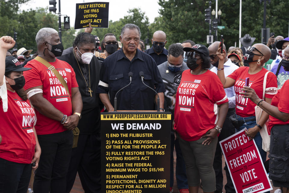 Rev. Jesse Jackson speaks to the crowd during a demonstration supporting voting rights on Capitol Hill, in Washington, Monday, Aug. 2, 2021. (AP Photo/Jose Luis Magana)