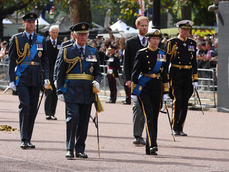 Members of the royal family walking behind the coffin.