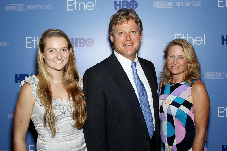 This Oct. 15, 2012 photo released by Starpix shows Edward M. Kennedy Jr., center, with his wife Kiki, right, and daughter Kiley at the premiere for the documentary, "Ethel: A First-Hand Look Inside The Kennedy Family," in New York. The film, about Ethel Kennedy, wife of the late Robert F. Kennedy, debuts on Oct. 18 at 9 p.m. EST on HBO. (AP Photo/Starpix, Marion Curtis)