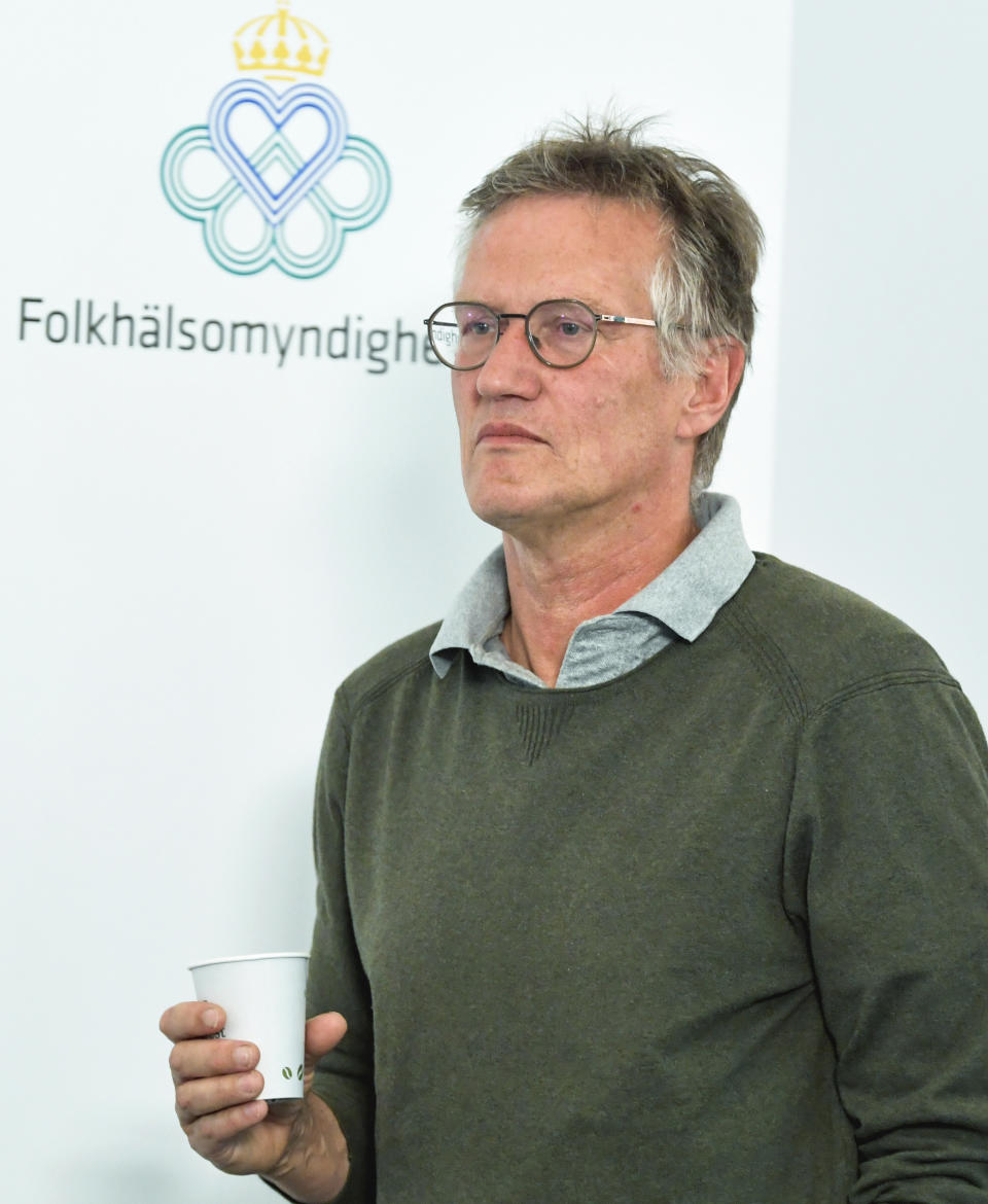 State epidemiologist Anders Tegnell of the Public Health Agency of Sweden during a news conference on a daily update on the coronavirus COVID-19 situation, in Stockholm, Sweden, Wednesday June 3, 2020. Tagnell has shown some contrition as criticism has grown over the country’s approach of not locking down the country has resulted in one of the highest death rates per capita in the world. Tegnell told Swedish radio on Wednesday that “I think there is potential for improvement in what we have done in Sweden, quite clearly.” (Anders Wiklund / TT via AP)