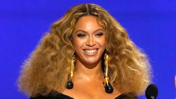 PHOTO: In this March 14, 2021, file photo, Beyonce appears at the 63rd annual Grammy Awards in Los Angeles. (Chris Pizzello/Invision via AP, FILE)