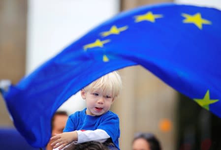 A child holds an EU flag during a rally under the slogan "Stop the Coup" to protest against attempts to force through a no-deal Brexit, in Berlin