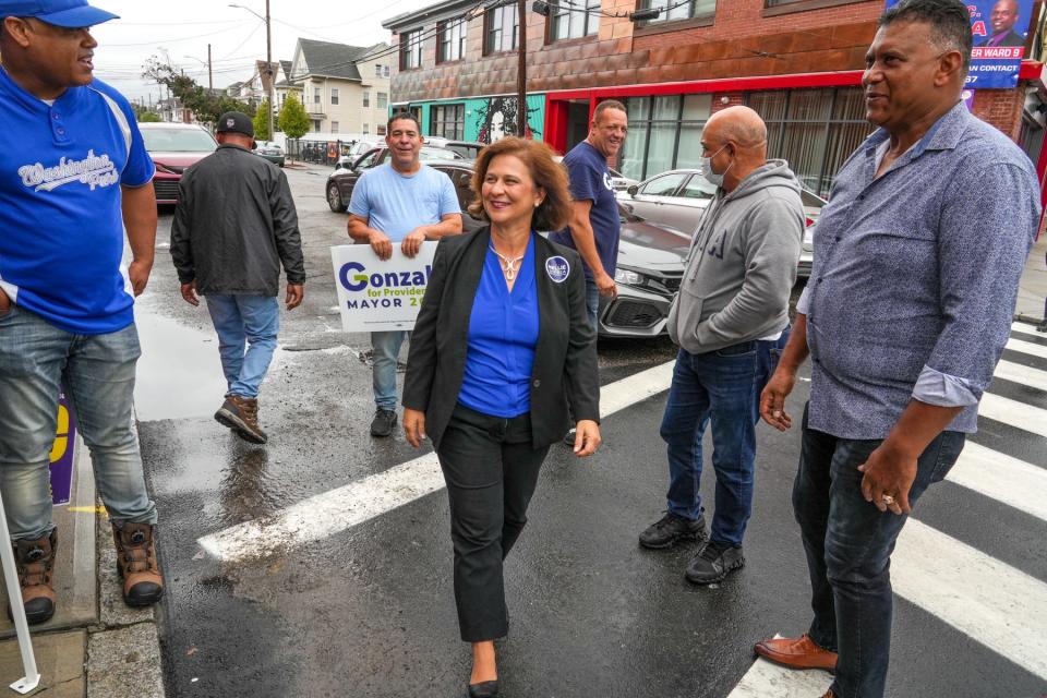 Nellie Gorbea, Democratic candidate for governor, visits The Bomes Theater on Broad Street in Providence.