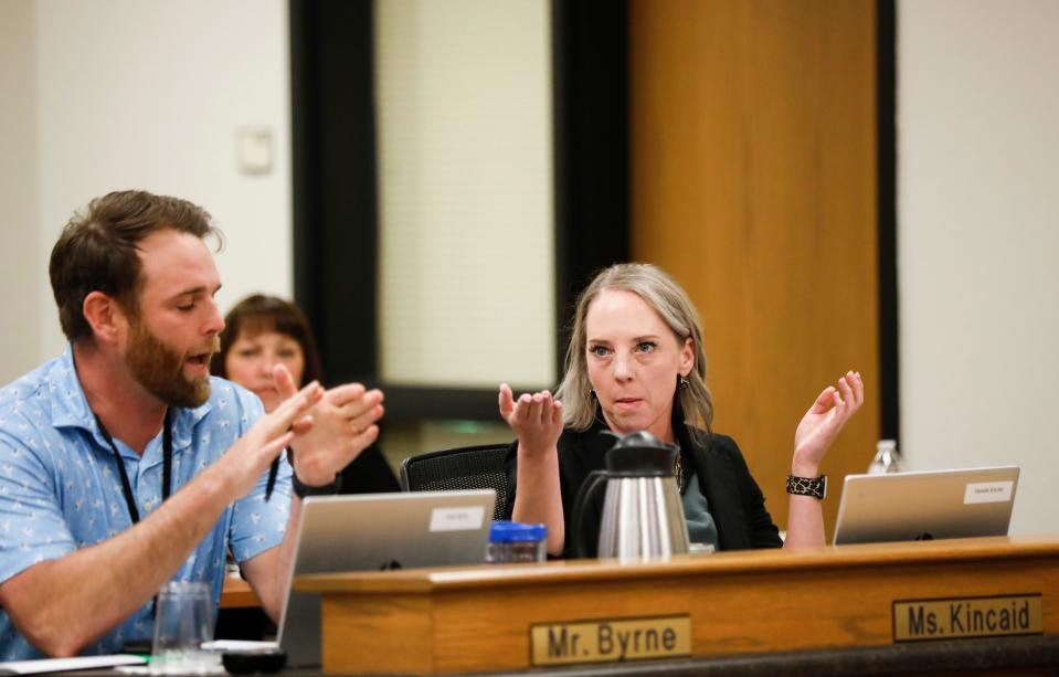 Springfield school board member Kelly Byrne raised questions about how to conduct the vote for board officers.