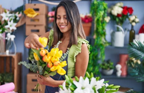 <span class="caption">Self-employed workers may be left confused about their pension entitlement under the Conservative plans.</span> <span class="attribution"><a class="link " href="https://www.shutterstock.com/image-photo/young-hispanic-woman-florist-holding-bouquet-2235689083" rel="nofollow noopener" target="_blank" data-ylk="slk:Krakenimages.com/Shutterstock;elm:context_link;itc:0;sec:content-canvas">Krakenimages.com/Shutterstock</a></span>