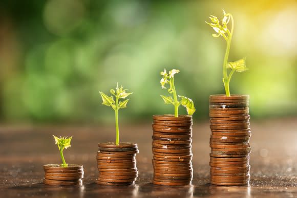 Coins in stacks of increasing height, with plants growing increasingly taller on each stack.